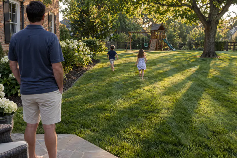 Children running across a thick established sod lawn behind a brick home