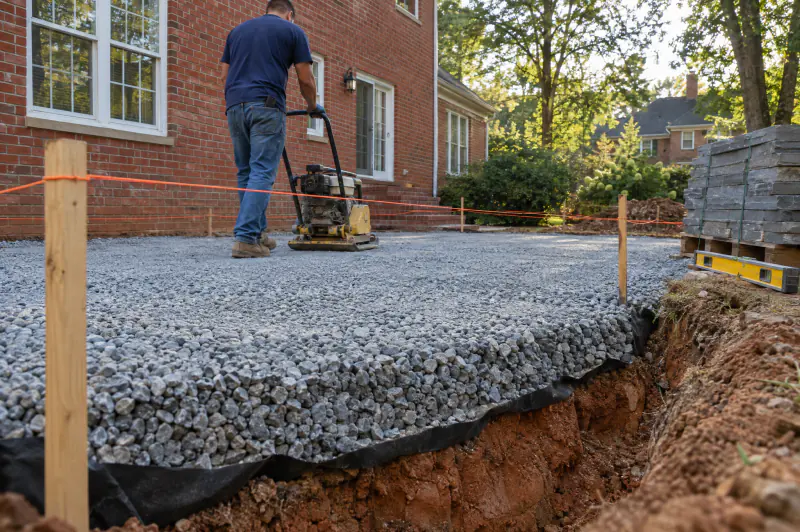 Crew member running a plate compactor over a deep bed of crushed stone inside a string-lined patio excavation beside a brick home