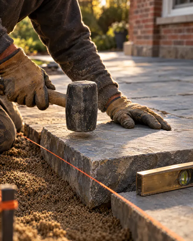 Mason setting a natural bluestone paver on a screeded sand bed with a mallet and string line