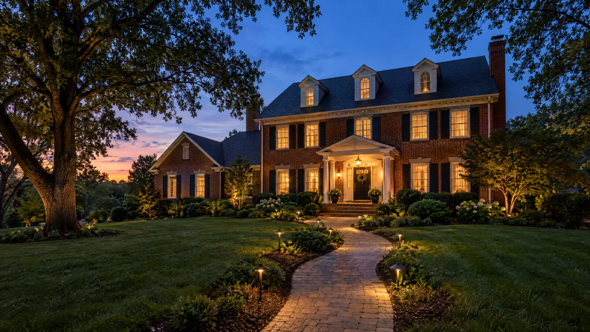 Brick colonial home at twilight with a lit paver walkway and glowing windows