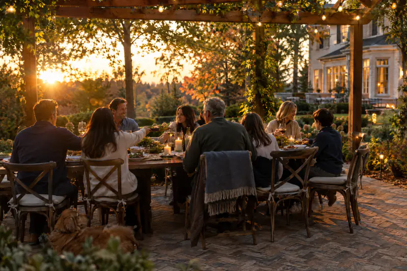 Friends and family at a long dinner table on a paver patio under a pergola at golden hour