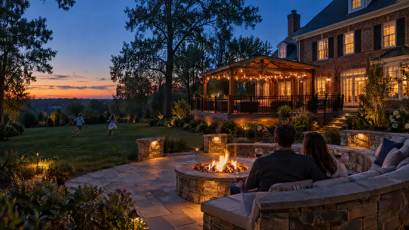 Backyard at dusk with a stone fire pit, paver patio, deck and pavilion behind a brick colonial home