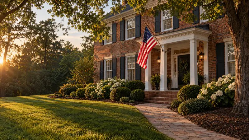 Brick colonial home at golden hour with an American flag on the front porch and a paver walkway