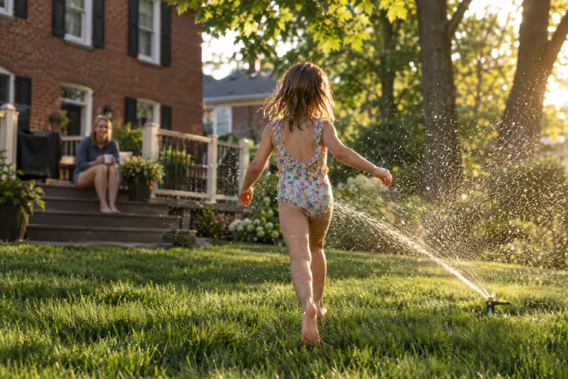 Child running through a lawn sprinkler on a green backyard lawn in morning light