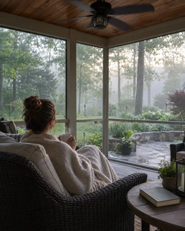 Woman with a morning coffee in a screened porch looking out at a misty backyard