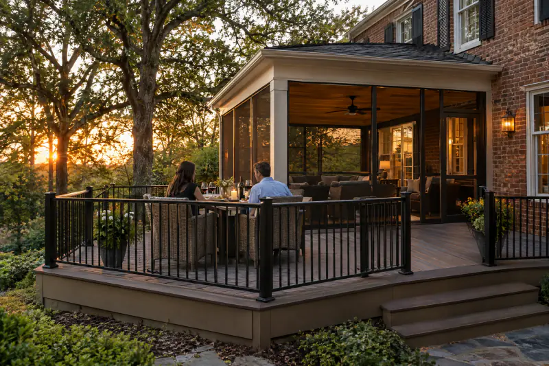Couple having dinner on a new composite deck with a screened porch behind a brick colonial home at golden hour