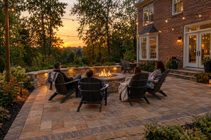 Family relaxing around a glowing fire pit on a natural stone paver patio behind a brick colonial home at golden hour