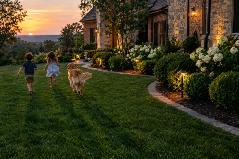 Children and a dog running across a freshly laid lawn beside lit planting beds at dusk