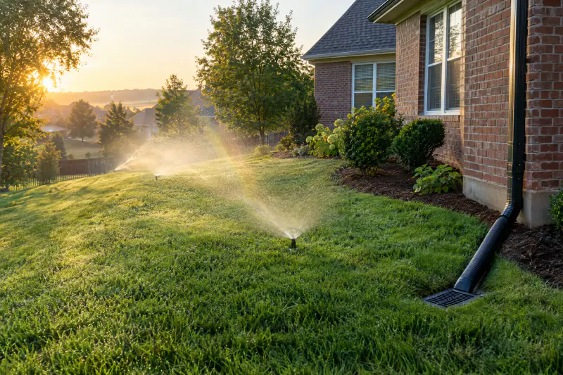 Sprinklers misting over a green lawn at sunrise beside a brick home with a new downspout drain line