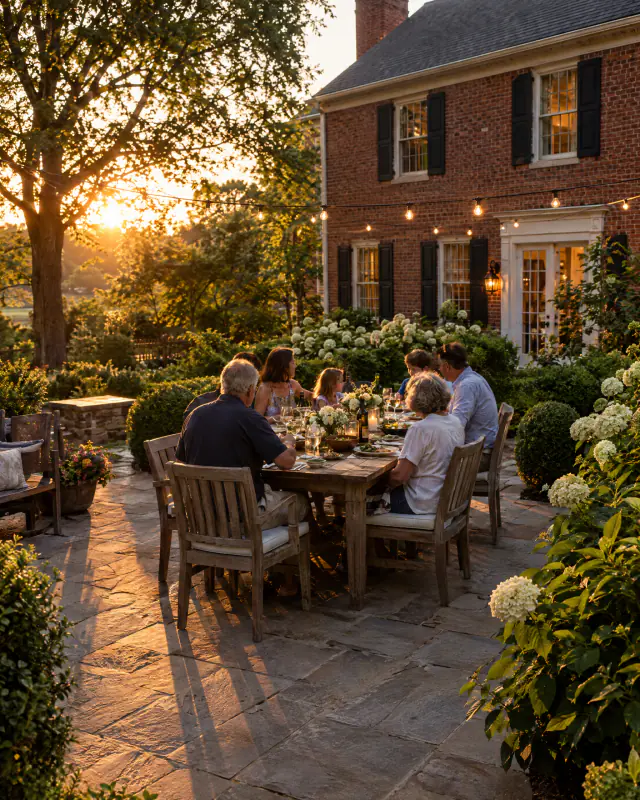Three generations sharing dinner at a long table on a mature, level paver patio behind a brick colonial home at dusk