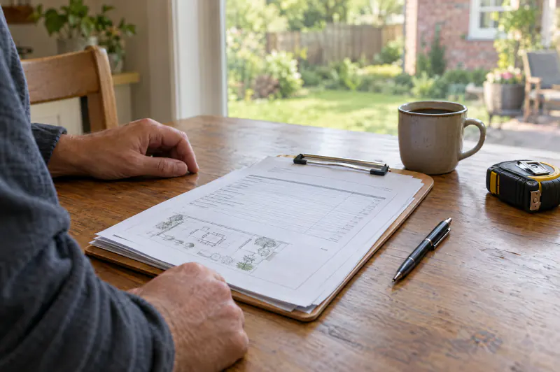 Homeowner's hands beside a printed written estimate on a clipboard at a kitchen table, with coffee, a pen and a tape measure