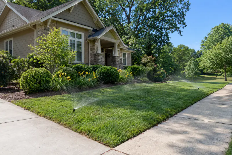 Upgraded irrigation system watering lawn with rotary nozzles and no overspray on the sidewalk