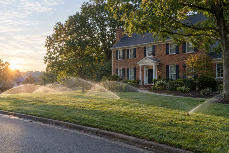 In-ground sprinkler system installation watering a fescue front lawn at a brick colonial home